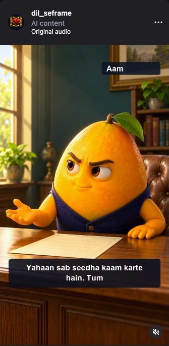 A confident animated mango character sits at a desk in a published Hinglish comedy Reel.